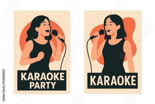Vector design for a musical event artwork placard template featuring singing people, a woman singing into a mic, and trendy typography, as part of a karaoke party show poster set with music night