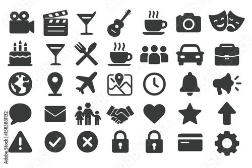 Vector modern icon pictogram illustrations set of 180 entertainment, summer time, travel cruise, camping, gps navigation and insurance classic black mini concept symbols