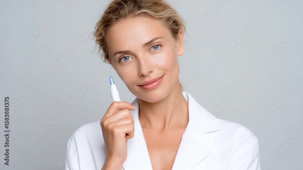 Beautician applying serum with micro needle pen on face