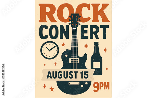 Retro rock music poster design featuring an electric guitar surrounded by fire flames on a vintage paper texture