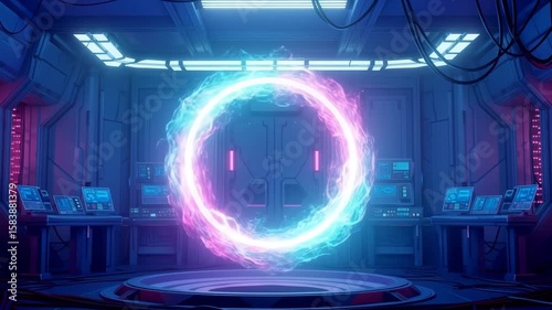 Glowing portal ring in a sci-fi laboratory representing a space-time portal