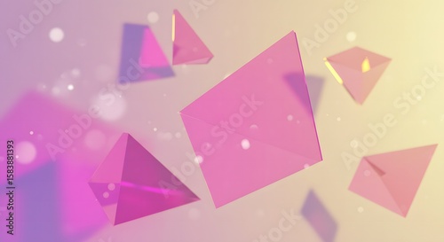 Floating pink geometric shapes with soft light and bokeh effect creating an abstract background image