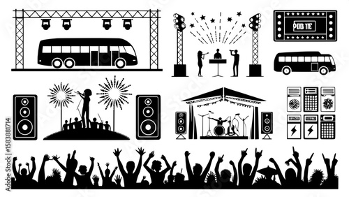 A minimalist grid of black and white rock concert icons in silhouette style. Features crowd hands, stage lights, loudspeakers, tour buses, backstage passes, tickets, stage monitors, pyro effects, and 