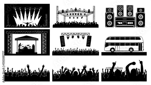 A minimalist grid of black and white rock concert icons in silhouette style. Features crowd hands, stage lights, loudspeakers, tour buses, backstage passes, tickets, stage monitors, pyro effects, and 