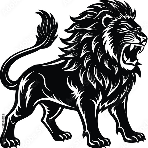  a lion standing and roaring, bold mane detail in profile view, vector illustration on white background, ideal for strength logos, leadership branding, and wildlife themes