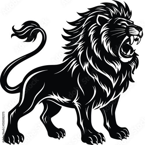  a lion standing and roaring, bold mane detail in profile view, vector illustration on white background, ideal for strength logos, leadership branding, and wildlife themes