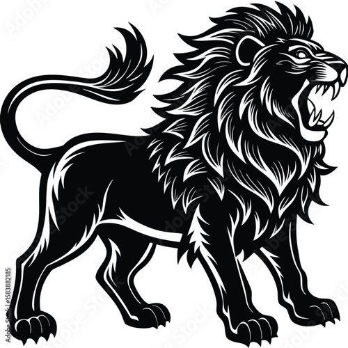  a lion standing and roaring, bold mane detail in profile view, vector illustration on white background, ideal for strength logos, leadership branding, and wildlife themes