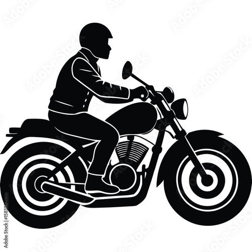a motorcyclist riding a cruiser bike, side view in motion, minimalist vector illustration on white background, perfect for biker apparel, adventure sports, and motor culture designs 