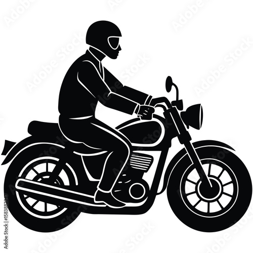 a motorcyclist riding a cruiser bike, side view in motion, minimalist vector illustration on white background, perfect for biker apparel, adventure sports, and motor culture designs 