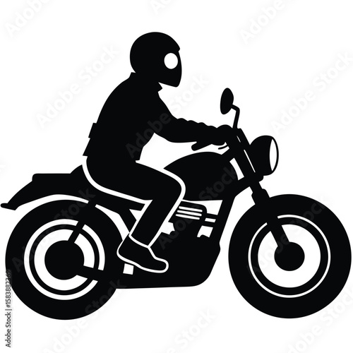 a motorcyclist riding a cruiser bike, side view in motion, minimalist vector illustration on white background, perfect for biker apparel, adventure sports, and motor culture designs 