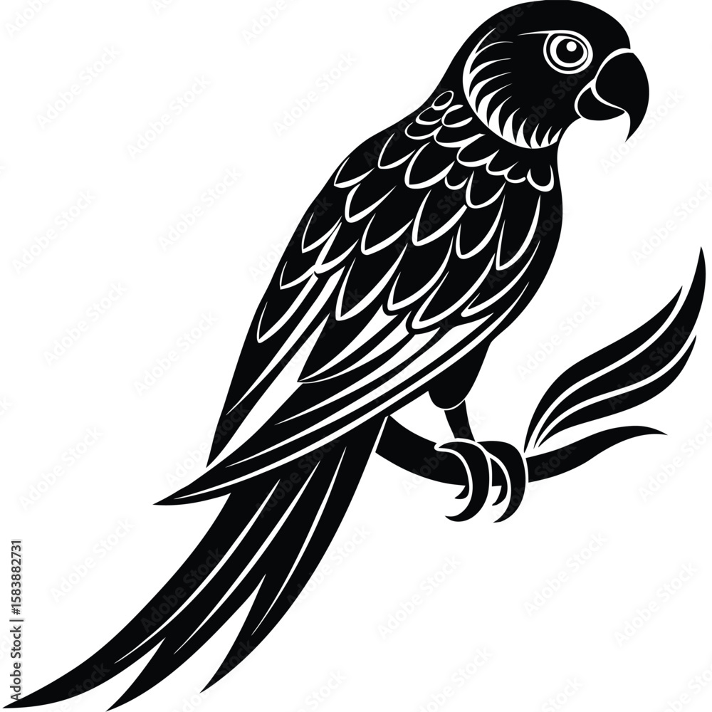Fototapeta premium a parrot perched on a curved branch, side profile with distinct beak and long tail feathers, minimalist vector art illustration isolated on white background