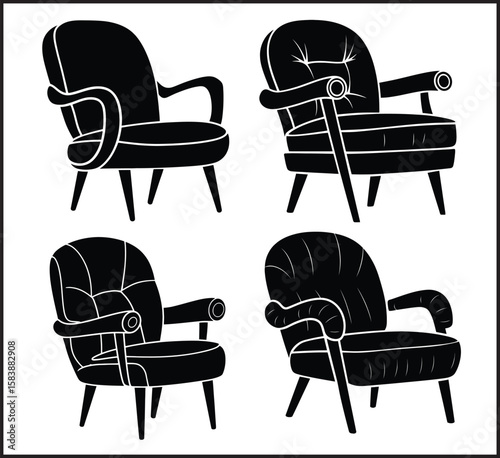 Armchair Silhouette Vector Set - Upholstered Lounge Chair Icons