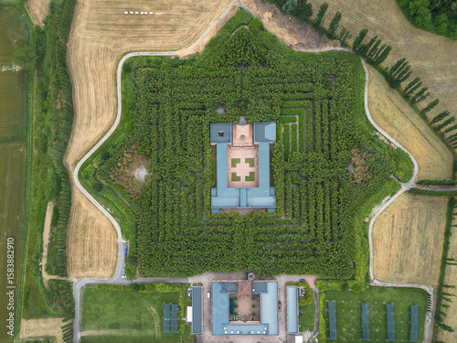 Aerial view of Labirinto della Masone, the largest bamboo labyrinth in existence and cultural park, Fontanellato, Parma province, Italy