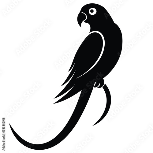 a parrot perched on a curved branch, side profile with distinct beak and long tail feathers, minimalist vector art illustration isolated on white background