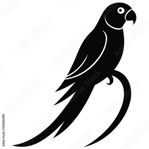 a parrot perched on a curved branch, side profile with distinct beak and long tail feathers, minimalist vector art illustration isolated on white background