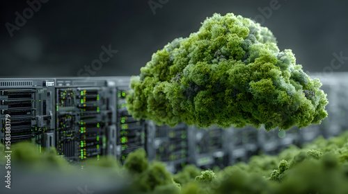 Green moss cloud above server racks with glowing lights