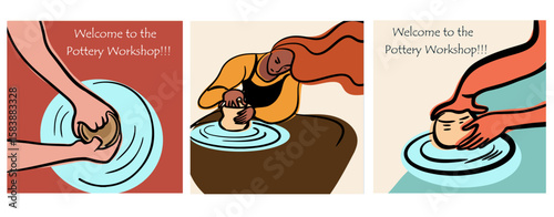 Postcards, cards set, Pottery workshop concept, invitation, pottery party. Hand drawn flat vector illustration.