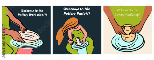 Postcards, cards set, Pottery workshop concept, invitation, pottery party. Hand drawn flat vector illustration.