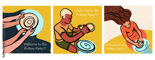 Postcards, cards set, Pottery workshop concept, invitation, pottery party. Hand drawn flat vector illustration.