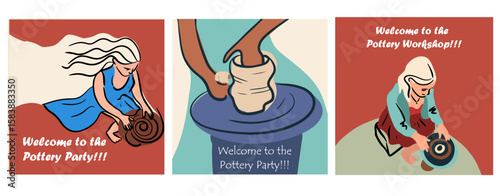 Postcards, cards set, Pottery workshop concept, invitation, pottery party. Hand drawn flat vector illustration.