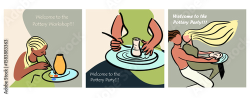 Postcards, cards set, Pottery workshop concept, invitation, pottery party. Hand drawn flat vector illustration.