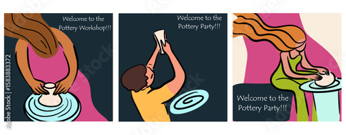Postcards, cards set, Pottery workshop concept, invitation, pottery party. Hand drawn flat vector illustration.
