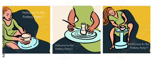 Postcards, cards set, Pottery workshop concept, invitation, pottery party. Hand drawn flat vector illustration.