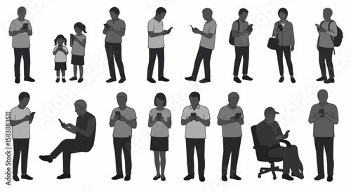 People using smartphone showing digital device and checking apps. People using smartphone are standing, sitting, or waiting.