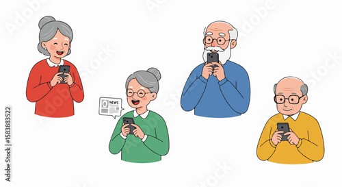 Elderly people using smartphone on white background, four different persons. Elderly people engaging with their smartphones shows social connection and adaptation to technology.