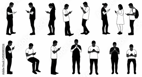 Mobile phone usage shows silhouettes of various people using smartphones, highlighting technology in daily life.