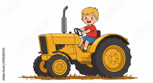 Yellow tractor with a cheerful boy driving on white background. Yellow tractor driven by a child depicts agricultural concept, transportation, and the fun of learning machinery, ideal for storybooks.