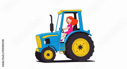 Cartoon tractor with driver on white background. Cartoon tractor design showcases a woman driving farm machinery. This cartoon tractor is suitable for children's books, educational materials,