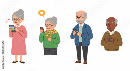 Illustration of senior people using smartphones to communicate, enjoying social media, and connecting with family. Senior people using smartphones can stay connected and active in their communities.