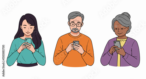 Diverse generation using smartphone featuring various ages and ethnicities, each holding mobile devices. Smartphone connects younger and older generations,