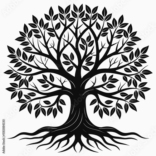 a tree of life with spreading branches and visible roots, minimalist vector on white background