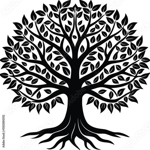 a tree of life with spreading branches and visible roots, minimalist vector on white background