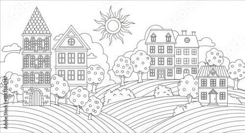 A charming village scene with diverse houses nestled on rolling hills under a radiant sun