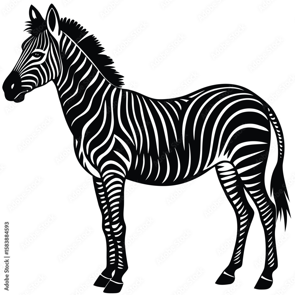 Fototapeta premium a zebra in side profile with detailed body shape and upright mane, minimalist vector illustration isolated on white background