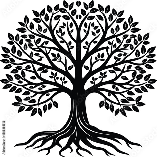 a tree of life with spreading branches and visible roots, minimalist vector on white background