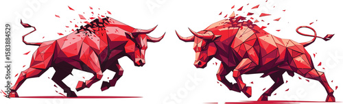 Polygonal Bull Illustration Set in Red Tones Symbolic of Strength Competition and Aggressive Market Trends in Business and Finance Sectors