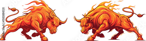 Fiery Charging Bulls Facing Off – Vector Illustration of Aggressive Bull Battle