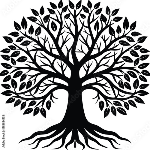 a tree of life with spreading branches and visible roots, minimalist vector on white background