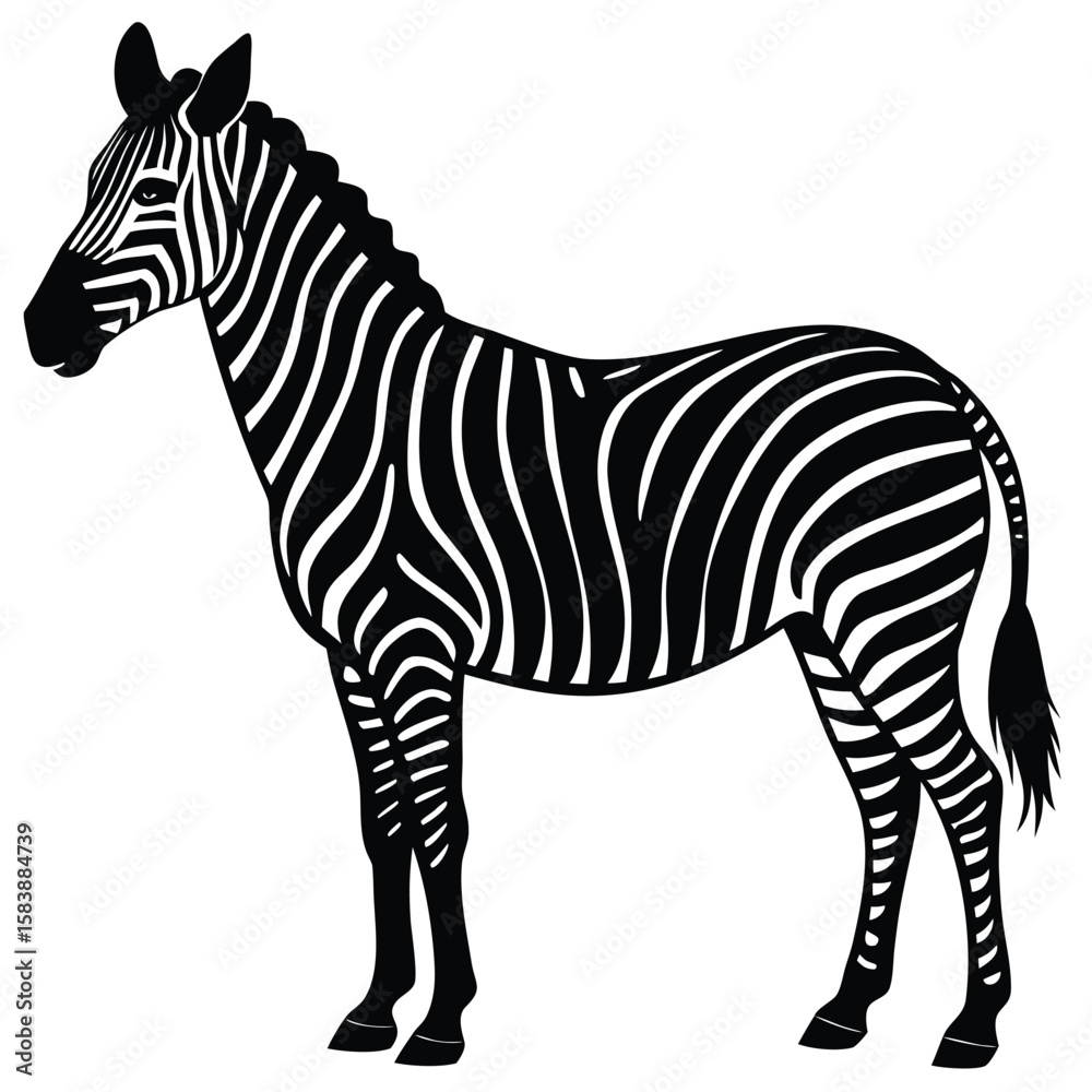 Fototapeta premium a zebra in side profile with detailed body shape and upright mane, minimalist vector illustration isolated on white background