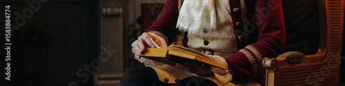Vászonkép Caucasian middle aged man sitting in ornate chair reading antique book, wearing