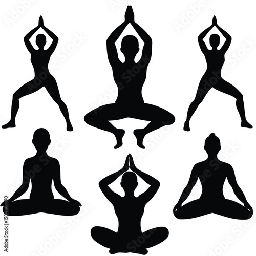 Black silhouette set of people doing yoga poses, clean body forms in different asanas, vector illustrations isolated on white background 
