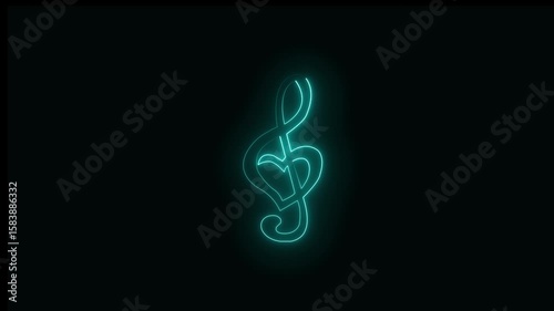 Glowing cyan treble clef with heart symbol on black background Motion 4k Video