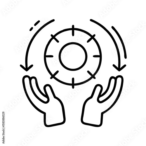 Hands holding a life preserver icon with rotating arrows as insurance concept  