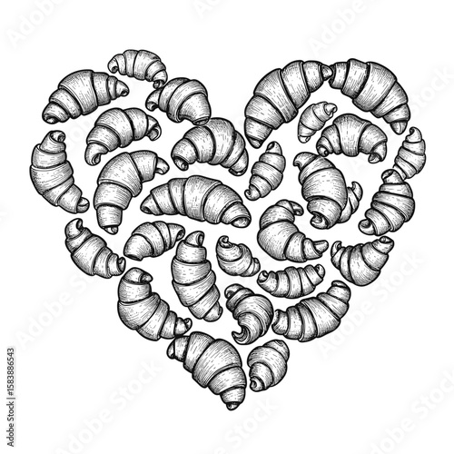 Vintage ink sketch heart fresh baked croissants – hand drawn black and white illustration doodle vector, engraving svg