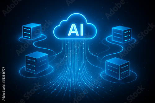 AI Cloud Computing Network with Glowing Data Streams and Connected Server Icons on Futuristic Blue Tech Background