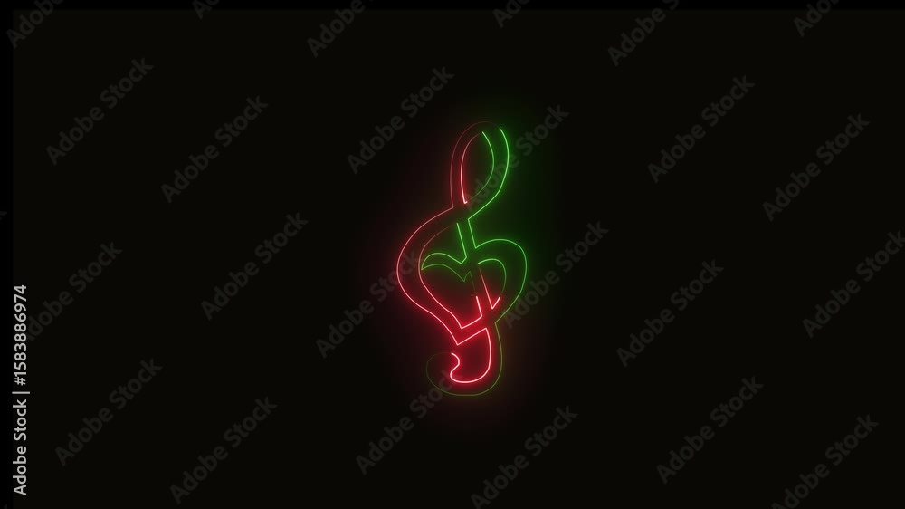 Vibrant neon treble clef with a heart shape in red and green ,4k Video